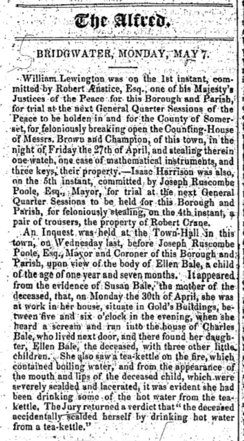 7 May 1832 Bridgwater Alfred news items.